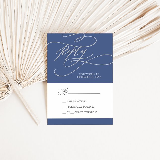 Romantische Denim Blue Calligraphy Simple RSVP Karte (Von Creator hochgeladen)