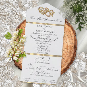 Romantische Doppelte Herzen - Weiße Perle/Gold All In One Einladung
