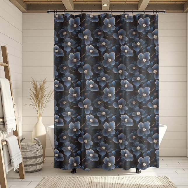 Romantische dunkelblaue Blume Nahtloses Muster Duschvorhang (Romantic Dark Blue Floral Seamless Pattern Shower Curtain)