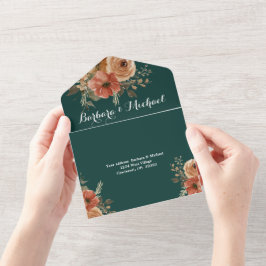 Romantische dunkelgrüne goldene Blumenhochzeit All In One Einladung