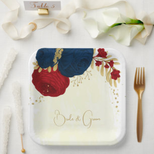 Romantische dunkelrote und marineblaue Blumen Gold Pappteller
