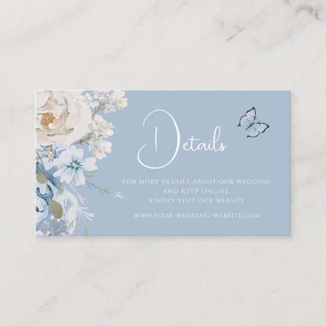 Romantische Dusty Blue Floral Details Hochzeit Visitenkarte (Vorderseite)