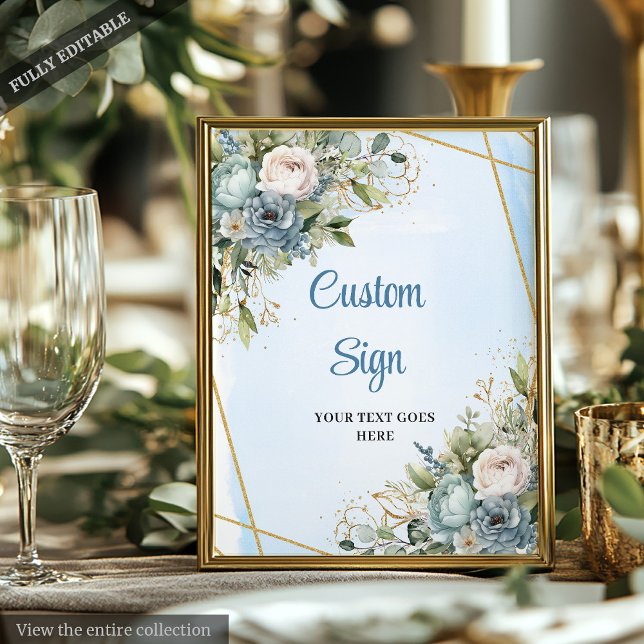 Romantische Dusty Blue Floral Gold Rahmen Hochzeit Poster (Romantic Dusty Blue Floral Gold Frame Wedding Sign)