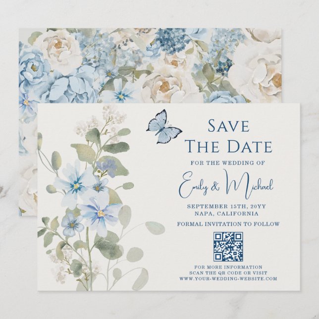 Romantische Dusty Blue Floral QR Code Hochzeit Save The Date (Vorne/Hinten)
