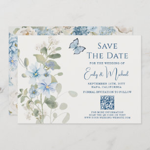 Romantische Dusty Blue Floral QR Code Hochzeit Save The Date