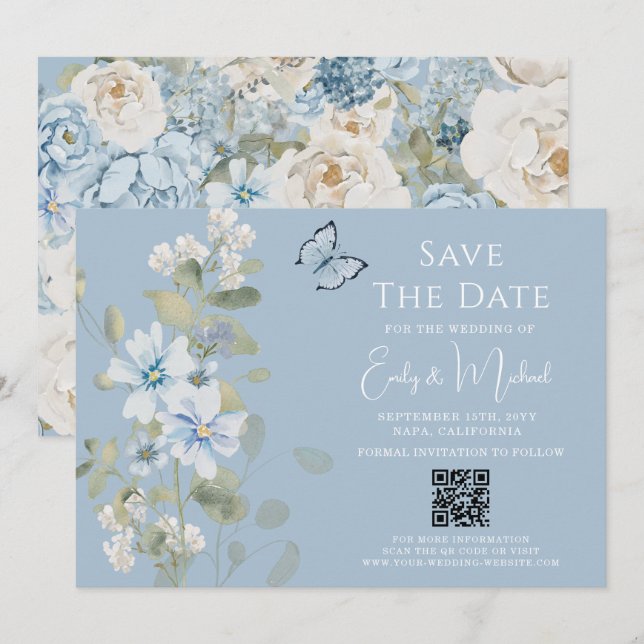 Romantische Dusty Blue Floral QR Code Hochzeit Save The Date (Vorne/Hinten)