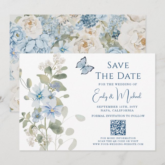 Romantische Dusty Blue Floral QR Code Hochzeit Save The Date (Vorne/Hinten)