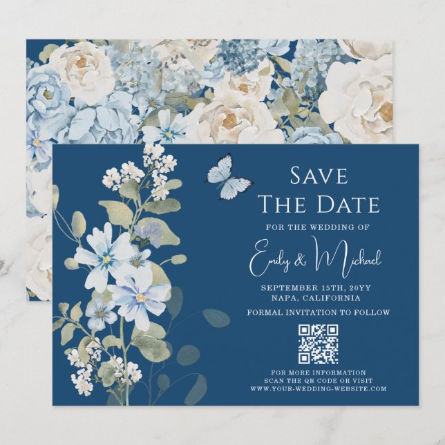 Romantische Dusty Blue Floral QR Code Hochzeit Save The Date (Vorne/Hinten)