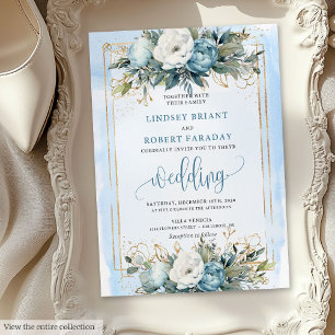 Romantische Dusty Blue Gold Floral Wedding Einladu Einladung