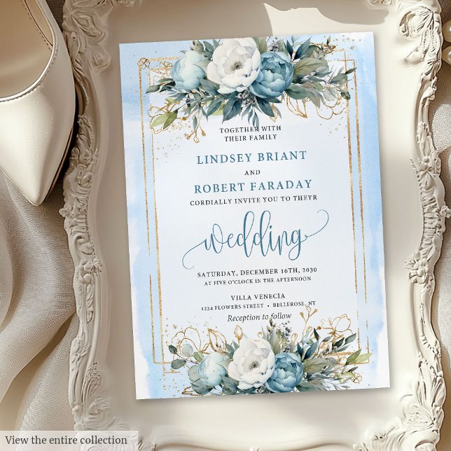Romantische Dusty Blue Gold Floral Wedding Einladu Einladung (Romantic Dusty Blue Gold Floral Wedding Invitation)