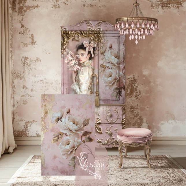 Romantische Dusty Rose Pink & Beige Peony Seidenpapier (Rose Pink, Romantic Peony Floral and Patina with gold foil effects, Decoupage Tissue Paper.)
