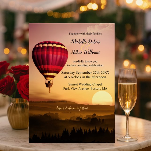 Romantische Einladung (Wedding invitation featuring a couple in a romantic hot air balloon over a sunset landscape scene)