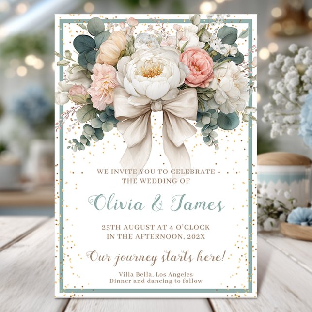 Romantische Elegant Floral Bow Wedding Einladung (Von Creator hochgeladen)