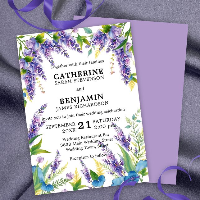 Romantische Elegant Lila und Blue Wisteria Wedding Einladung (Von Creator hochgeladen)