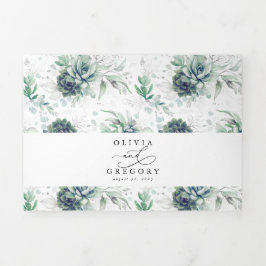 Romantische Elegant Silver Sukkulente Grüne Hochze Dreifach Gefaltete Einladung