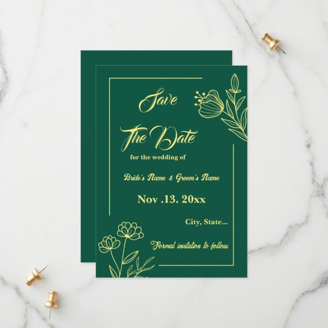 Romantische, elegante Blume smaragdgrüne Hochzeit Save The Date (Vorderseite/Rückseite Beispiel)