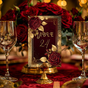Romantische Elegante Burgund Rote Rose & Goldhochz Tischnummer
