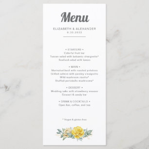 Romantische, elegante, gelbe Rosen Hochzeit in Aqu Menükarte