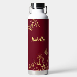 Romantische elegante goldene florale bordeauxrote trinkflasche
