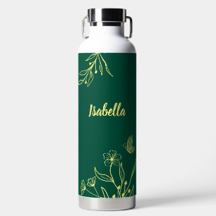 Romantische elegante goldene florale Smaragdgrün  Trinkflasche
