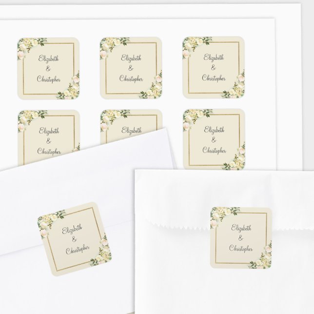 Romantische Elegante Hochzeitsgrün Quadratischer Aufkleber (Romantic Elegant Wedding Floral Greenery Gold Square Sticker)