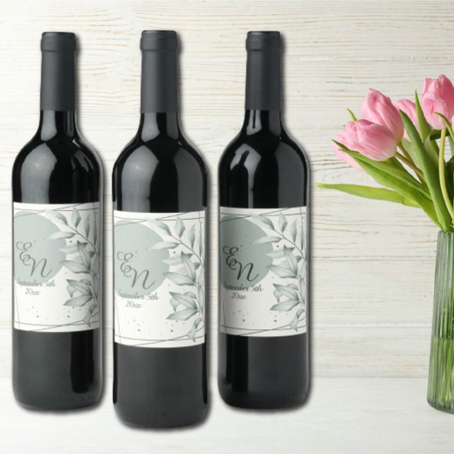 Romantische elegante Monogram Green Blätter Hochze Weinetikett (Von Creator hochgeladen)