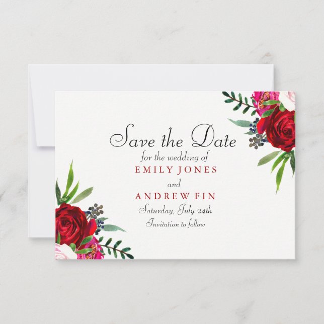 Romantische Elegante Rote Rose Save the Date Karte (Vorderseite)