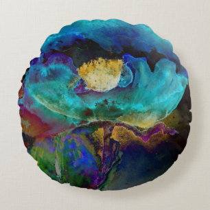 Romantische elegante tealfarbene Blumen-Wasserfarb Rundes Kissen