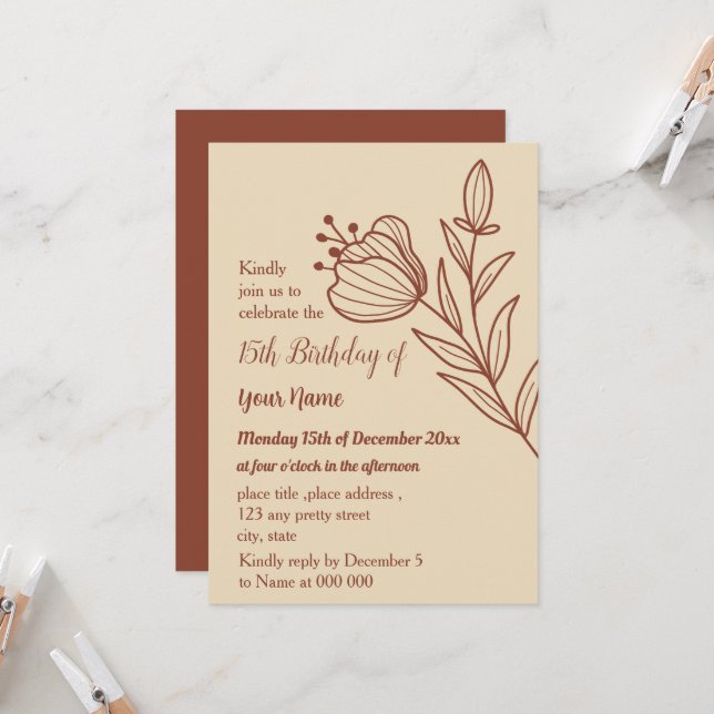 Romantische elegante Terracotta Blumengeburt Einladung (Vorderseite/Rückseite Beispiel)