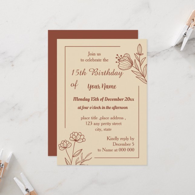 Romantische elegante Terracotta Blumengeburt Einladung (Vorderseite/Rückseite Beispiel)