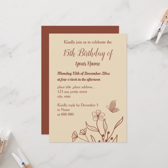 Romantische elegante Terracotta Blumengeburt Einladung (Vorderseite/Rückseite Beispiel)