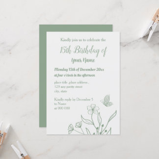 Romantische elegante Weise grün Blumengeburt Einladung