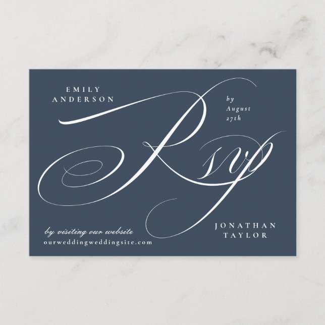 Romantische Eleganto Navy Blue and White Calligrap RSVP Karte (Vorderseite)