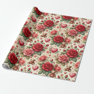Romantische Eleganz: Rosen und Herzen Geschenkpapier