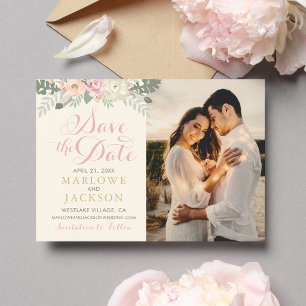 Romantische Elfenbein-Rosa-Blumen-Hochzeitsfoto Save The Date