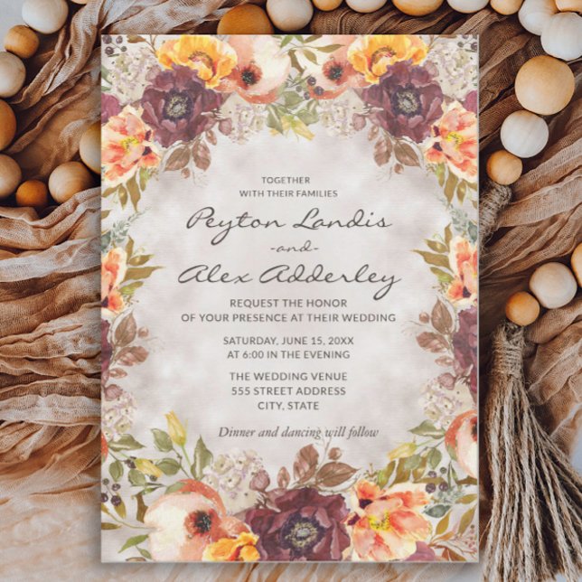 Romantische Erdtöne Herbst Blumenhochzeit I Einladung (Rust and orange watercolor floral wedding invitation for fall weddings)