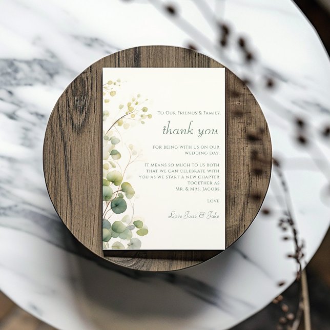 Romantische Eukalyptus-Blume Verlasse Hochzeitstis Dankeskarte (Romantic Floral Eucalyptus Leaves wedding table Thank You Card with your own message of thanks.)