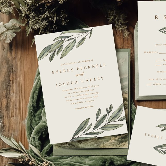 Romantische Evergreen Wedding Einladung (Romantic Evergreen watercolor botanical wedding invitations)