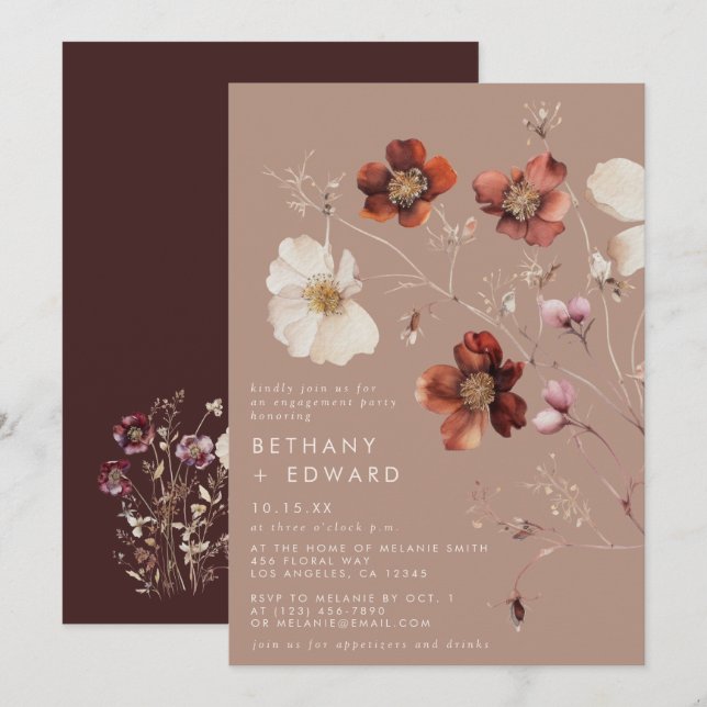 Romantische Fall Taupe Wildblume Engagement Party Einladung (Vorne/Hinten)