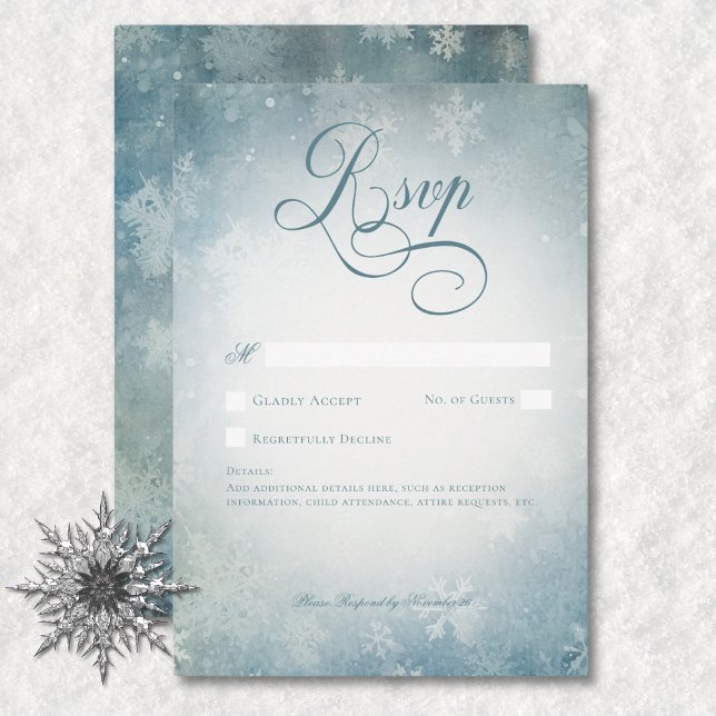 Romantische Falling Snow Blue White Wedding No Din RSVP Karte (Romantic Falling Snow Blue White Wedding No Dinner RSVP Card)