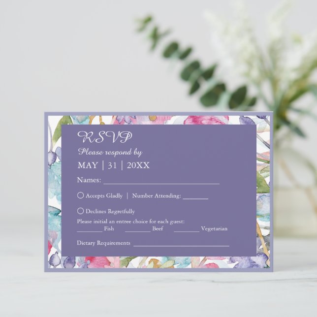 romantische farbenfrohe Wildblume Hochzeit RSVP Karte (Stehend Vorderseite)