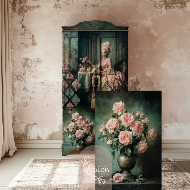 Romantische Flora, Peony Rose, Blush Pink & Emeral Seidenpapier (Romantic Floral, Blush Pink, Peony Roses, Vintage Still Life, Emerald Green Background Decoupage )