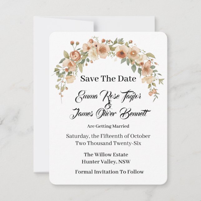 Romantische Florale Bogen Save the Date Karte (Vorderseite)