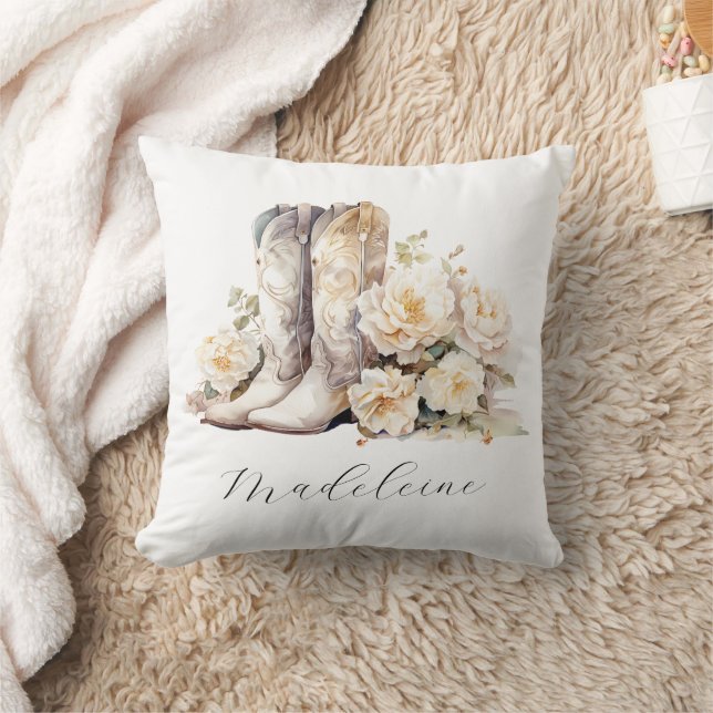 Romantische florale Cowgirl Boots Calligrafy Name Kissen (Decke)