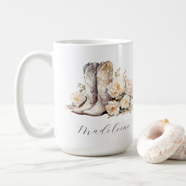 Romantische florale Cowgirl Boots Peonies Kaffeetasse (Mit Donut)