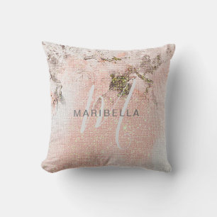 Romantische Florale Rosa Monogramm-Kalligrafie Kissen