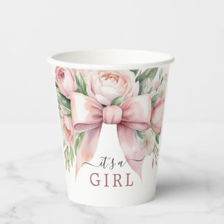 Romantische Florale Rosa Schleife Baby Shower Pappbecher