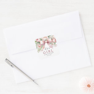 Romantische Florale Rosa Schleife Baby Shower Quadratischer Aufkleber