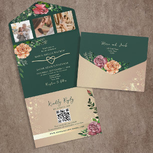 Romantische Florale Smaragdgrüne Hochzeit All In One Einladung