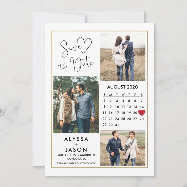 Romantische Foto Save the Date Karte mit Kalender (Vorderseite)